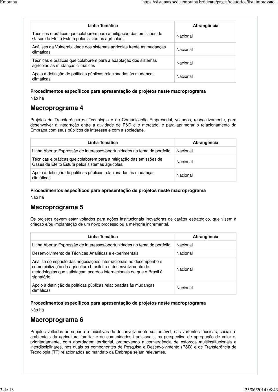 relacionadas às mudanças Procedimentos específicos para apresentação de projetos neste macroprograma Não há Macroprograma 4 Projetos de Transferência de Tecnologia e de Comunicação Empresarial,