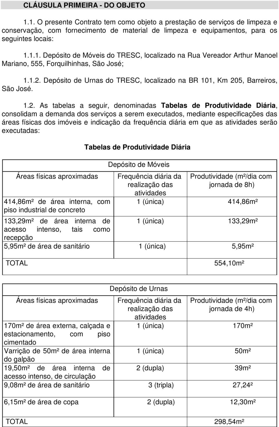 1.2. Depósito de Urnas do TRESC, localizado na BR 101, Km 205, Barreiros, São José. 1.2. As tabelas a seguir, denominadas Tabelas de Produtividade Diária, consolidam a demanda dos serviços a serem