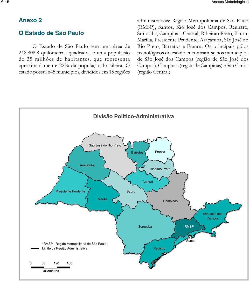 O estado possui 645 municípios, divididos em 15 regiões administrativas: Região Metropolitana de São Paulo (RMSP), Santos, São José dos Campos, Registro, Sorocaba, Campinas, Central, Ribeirão Preto,