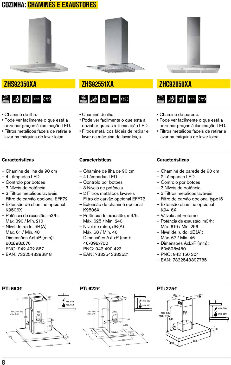 Filtros metálicos fáceis de retirar e lavar na máquina de lavar loiça. Chaminé de parede. Pode ver facilmente o que está a cozinhar graças à iluminação LED.