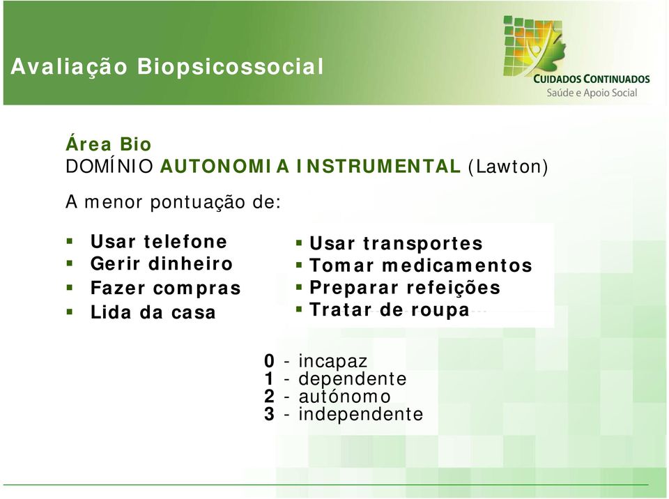 medicamentos Fazer compras Preparar refeições Lida da casa Tratar