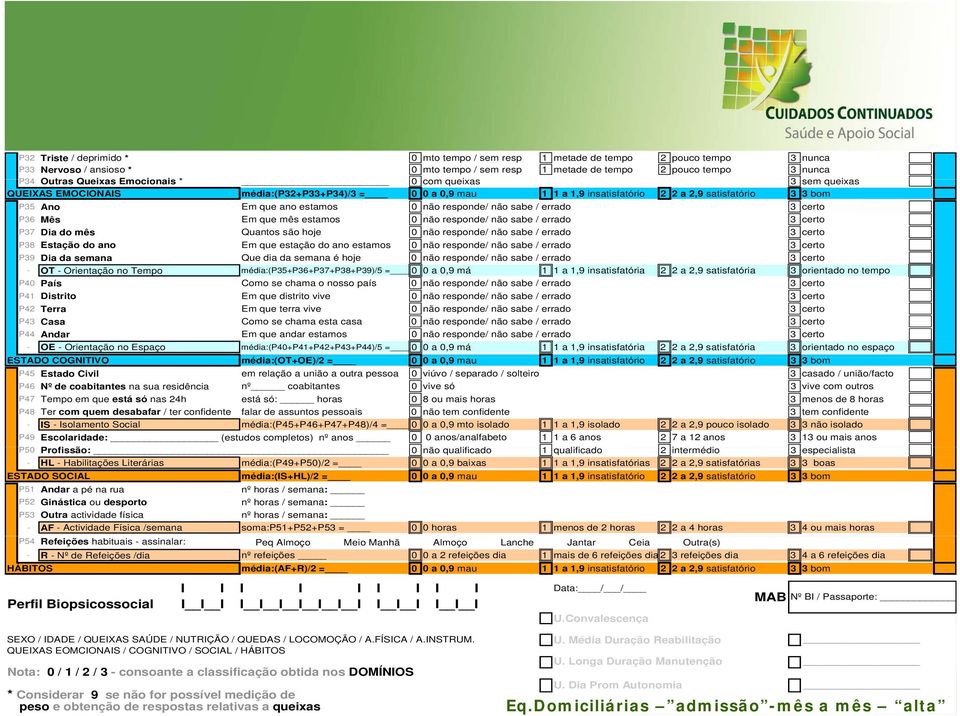 não sabe / errado 3 certo P36 Mês Em que mês estamos 0 não responde/ não sabe / errado 3 certo P37 Dia do mês Quantos são hoje 0 não responde/ não sabe / errado 3 certo P38 Estação do ano Em que