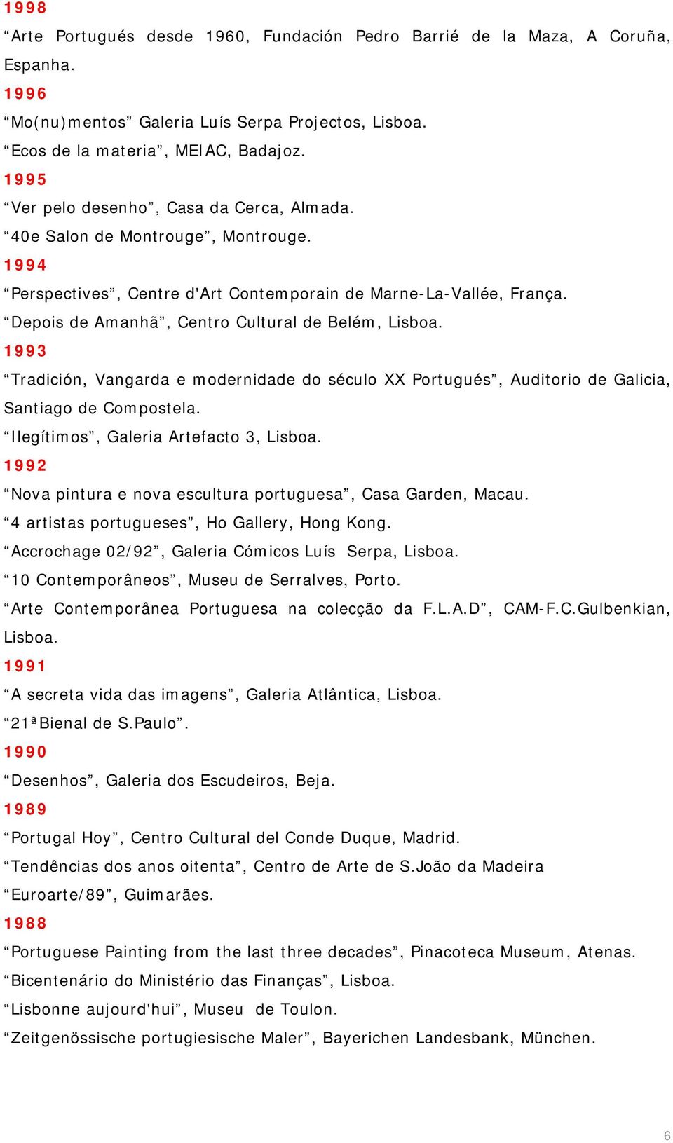 Depois de Amanhã, Centro Cultural de Belém, Lisboa. 1993 Tradición, Vangarda e modernidade do século XX Portugués, Auditorio de Galicia, Santiago de Compostela.