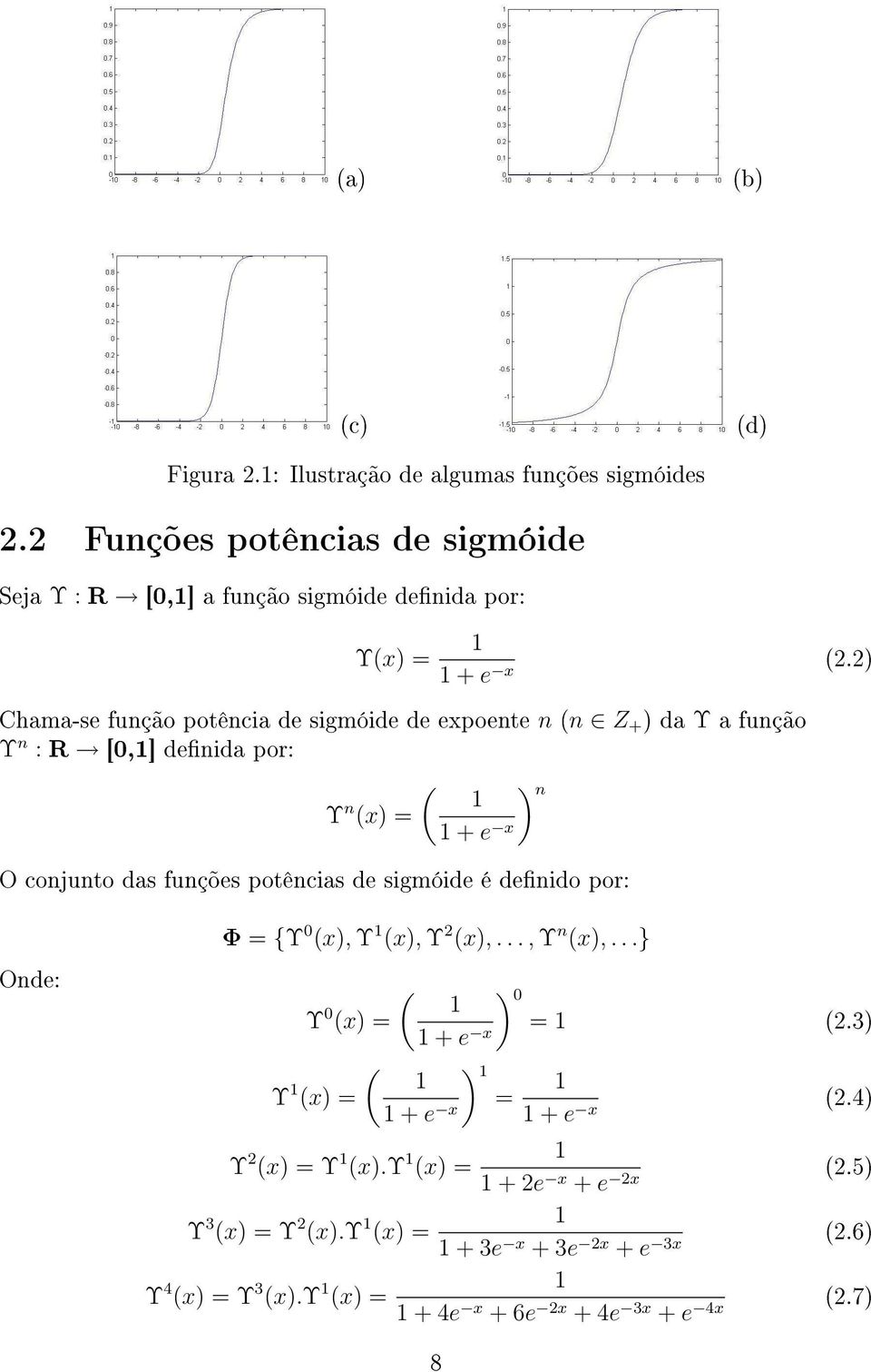 potências de sigmóide é denido por: (d) Onde: Φ = {Υ 0 (x), Υ 1 (x), Υ 2 (x),..., Υ n (x),...} ( 1 Υ 0 (x) = 1 + e x ( ) 1 1 Υ 1 (x) = = 1 + e x Υ 2 (x) = Υ 1 (x).