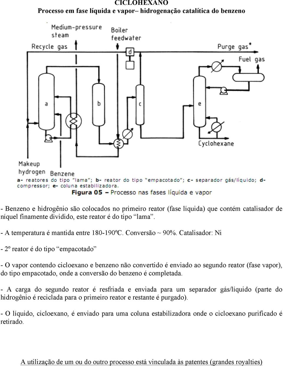 Catalisador: Ni - 2º reator é do tipo empacotado - O vapor contendo cicloexano e benzeno não convertido é enviado ao segundo reator (fase vapor), do tipo empacotado, onde a conversão do benzeno é