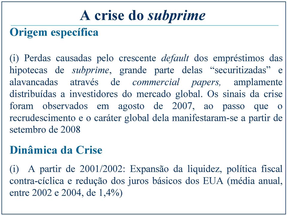 Os sinais da crise foram observados em agosto de 2007, ao passo que o recrudescimento e o caráter global dela manifestaram-se a partir de setembro