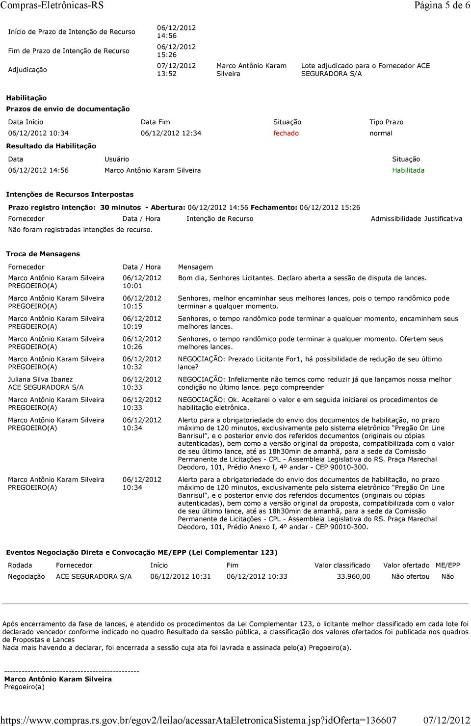 30 minutos - Abertura: 14:56 Fechamento: 15:26 Fornecedor Data / Hora Intenção de Recurso Admissibilidade Justificativa Não foram registradas intenções de recurso.