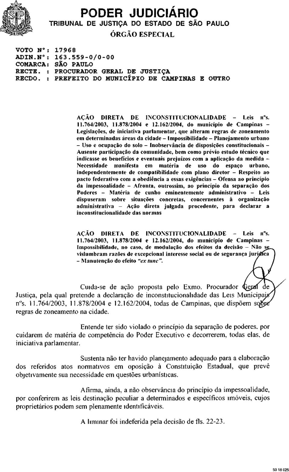 162/2004, do município de Campinas - Legislações, de iniciativa parlamentar, que alteram regras de zoneamento em determinadas áreas da cidade - Impossibilidade - Planejamento urbano - Uso e ocupação