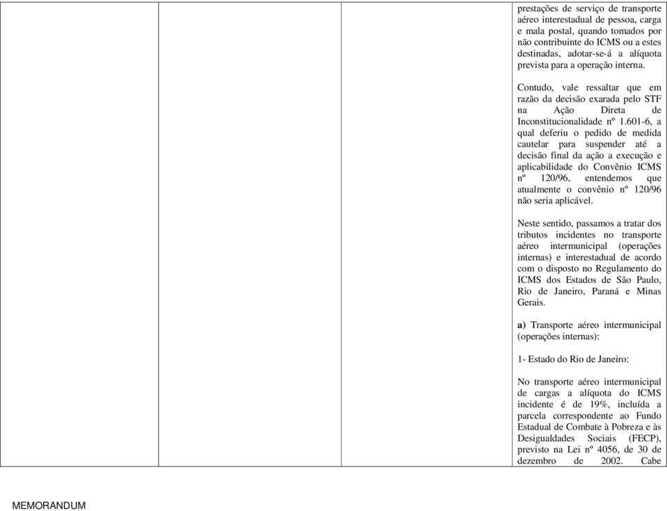 601-6, a qual deferiu o pedido de medida cautelar para suspender até a decisão final da ação a execução e aplicabilidade do Convênio ICMS nº 120/96, entendemos que atualmente o convênio nº 120/96 não