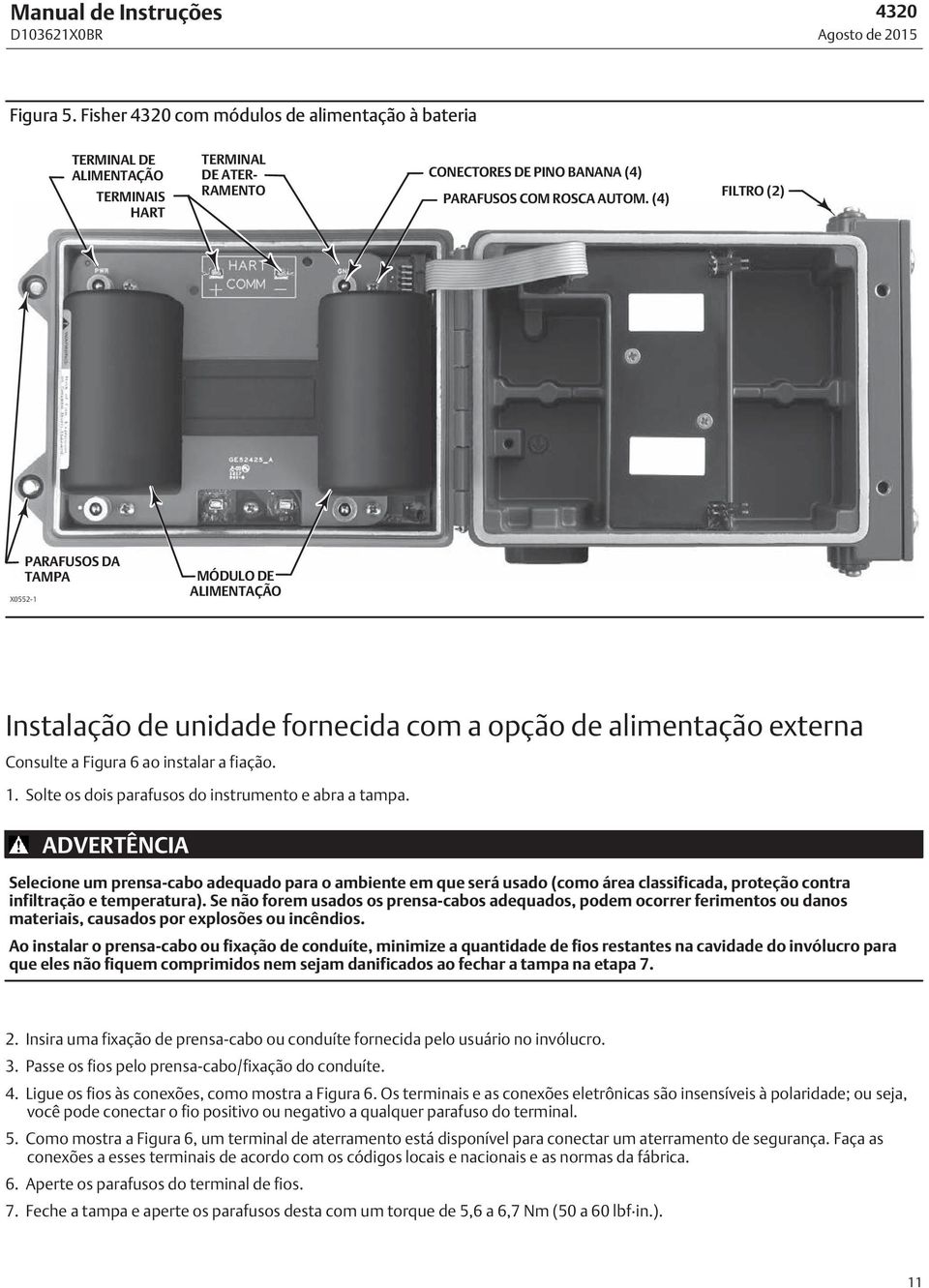 (4) FILTRO (2) PARAFUSOS DA TAMPA X0552-1 MÓDULO DE ALIMENTAÇÃO Instalação de unidade fornecida com a opção de alimentação externa Consulte a Figura 6 ao instalar a fiação. 1.