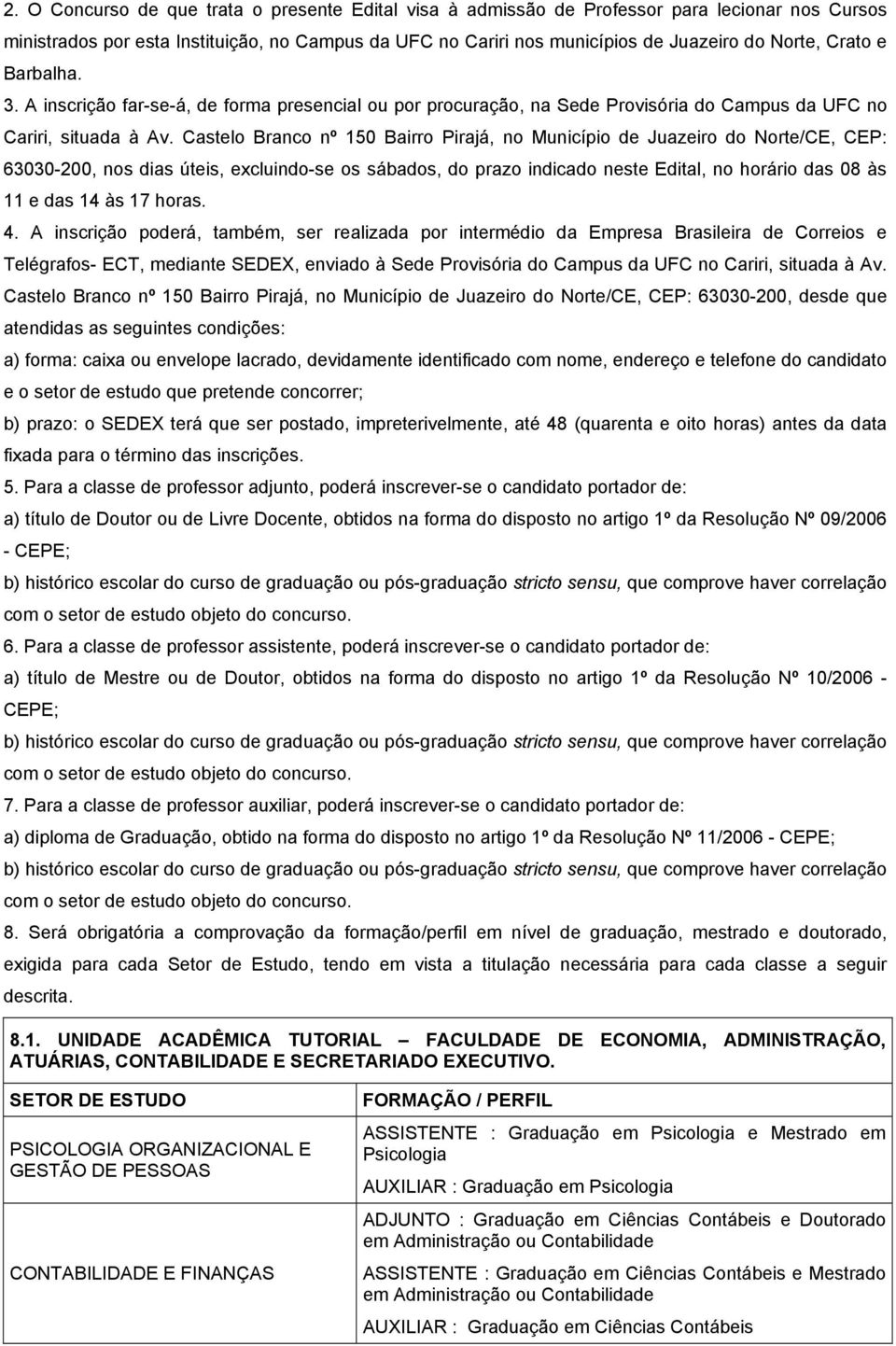 Castelo Branco nº 150 Bairro Pirajá, no Município de Juazeiro do Norte/CE, CEP: 63030-200, nos dias úteis, excluindo-se os sábados, do prazo indicado neste Edital, no horário das 08 às 11 e das 14 às