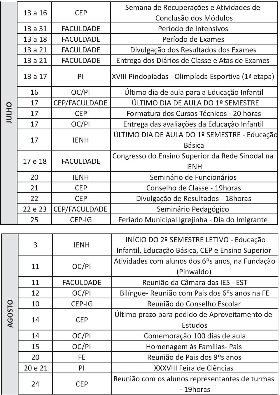 17 CEP/FACULDADE ÚLTIMO DIA DE AULA DO 1º SEMESTRE 17 CEP Formatura dos Cursos Técnicos - 20 horas 17 OC/PI Entrega das avaliações da Educação Infantil 17 IENH ÚLTIMO DIA DE AULA DO 1º SEMESTRE -