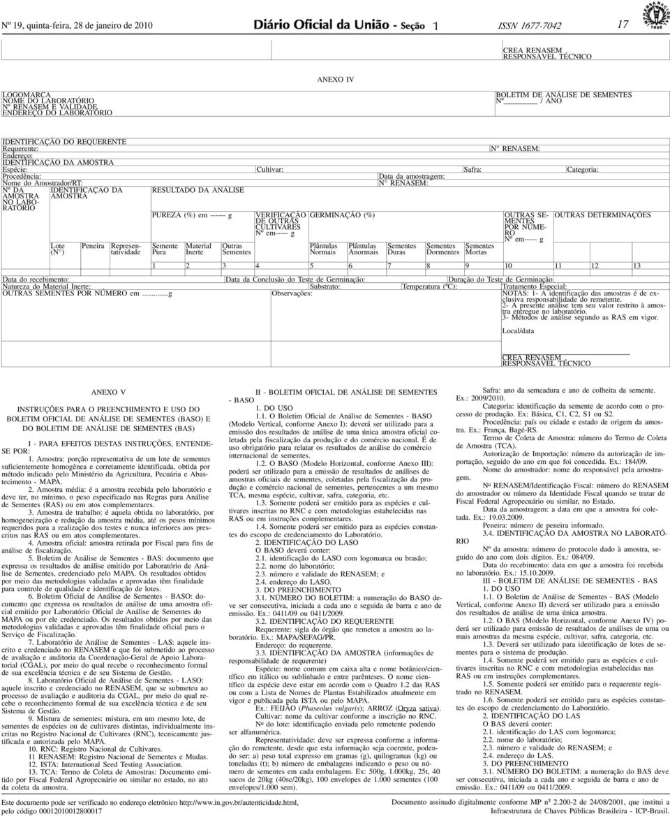 Nº DA IDENTIFICAÇÃO DA RESULTADO DA ANÁLISE AMOSTRA AMOSTRA NO LABO- R AT Ó R I O Lote (N ) Peneira Representatividade PUREZA (%) em ------ g Semente Pura Material Inerte Outras Sementes VERIFICAÇÃO