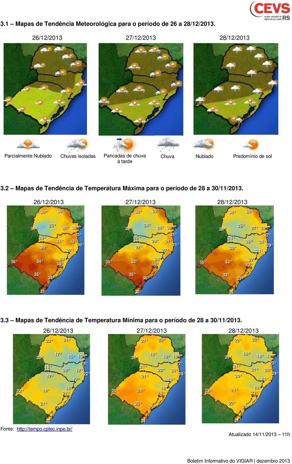 de sol 3.2 Mapas de Tendência de Temperatura Máxima para o período de 28 a 30/11/2013. 26/12/2013 27/12/2013 28/12/2013 3.