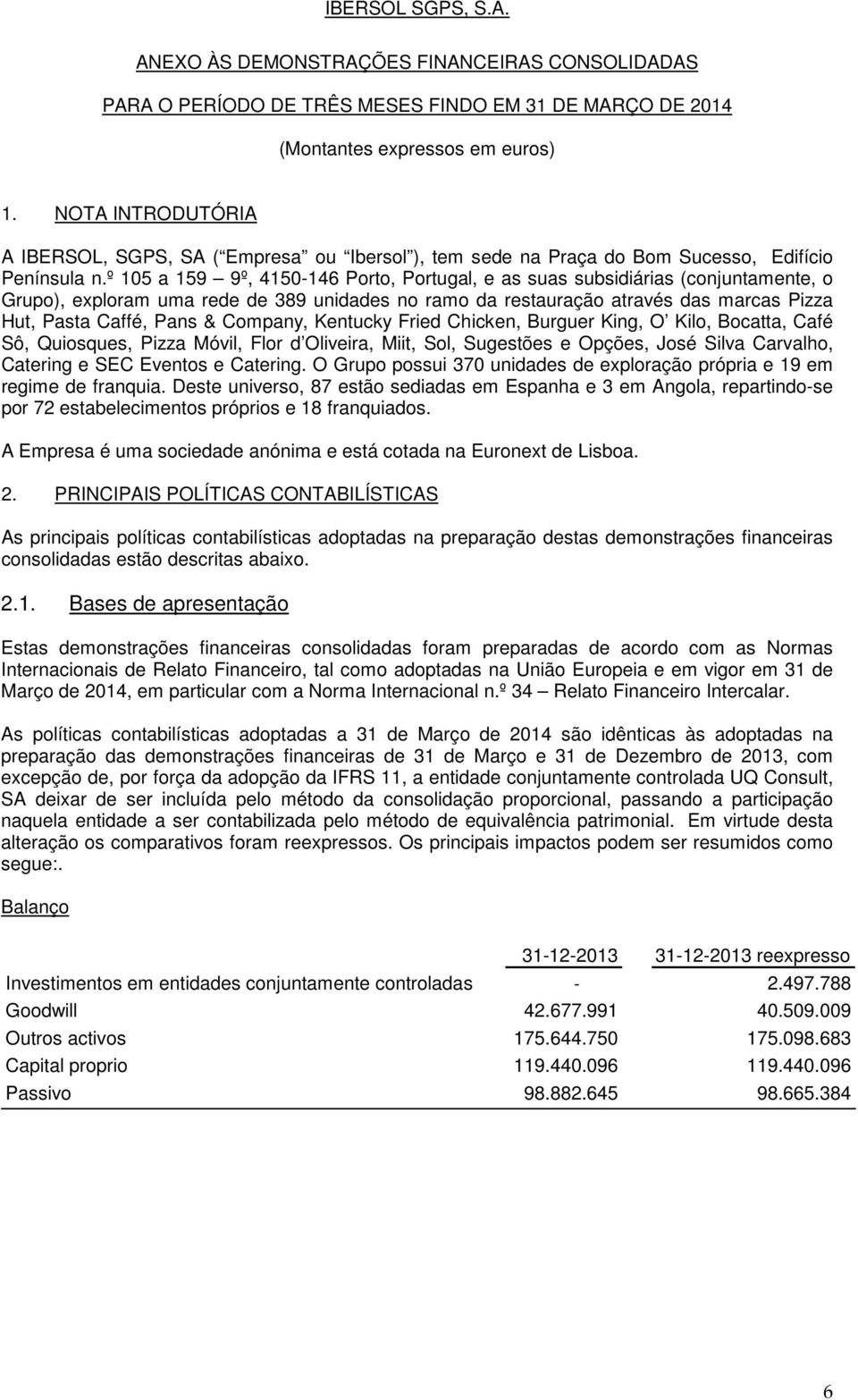 º 105 a 159 9º, 4150-146 Porto, Portugal, e as suas subsidiárias (conjuntamente, o Grupo), exploram uma rede de 389 unidades no ramo da restauração através das marcas Pizza Hut, Pasta Caffé, Pans &