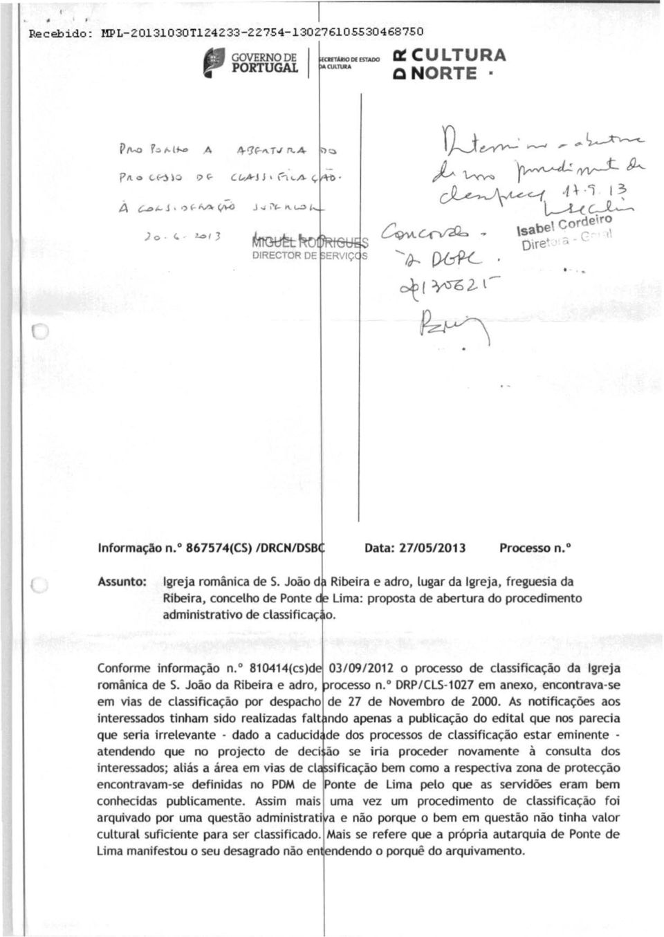 0 810414(cs)d 03/09/2012 o processo de classificac;:ao da lgreja roman1ca des. Joao da Ribeira e adro, rocesso n.