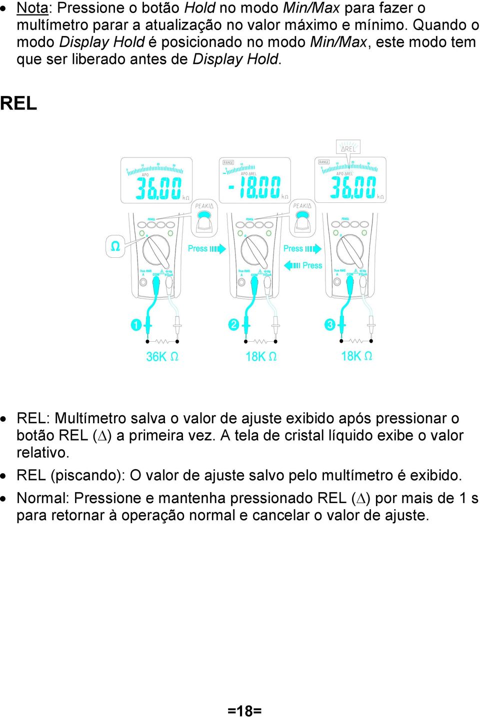 REL REL: Multímetro salva o valor de ajuste exibido após pressionar o botão REL (Δ) a primeira vez.