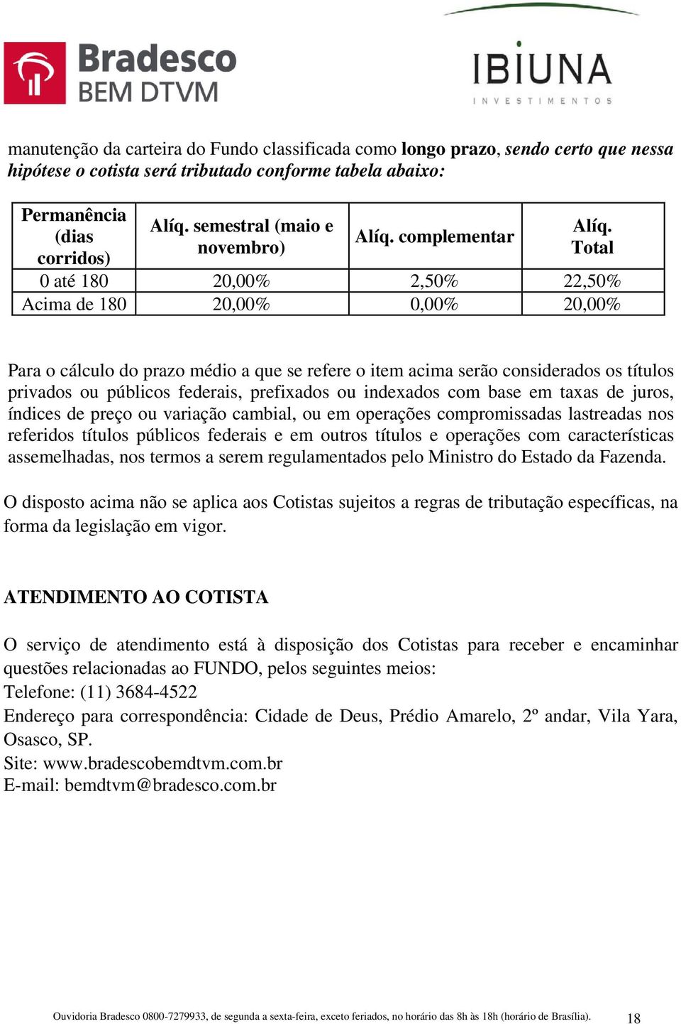 Total 0 até 180 20,00% 2,50% 22,50% Acima de 180 20,00% 0,00% 20,00% Para o cálculo do prazo médio a que se refere o item acima serão considerados os títulos privados ou públicos federais, prefixados