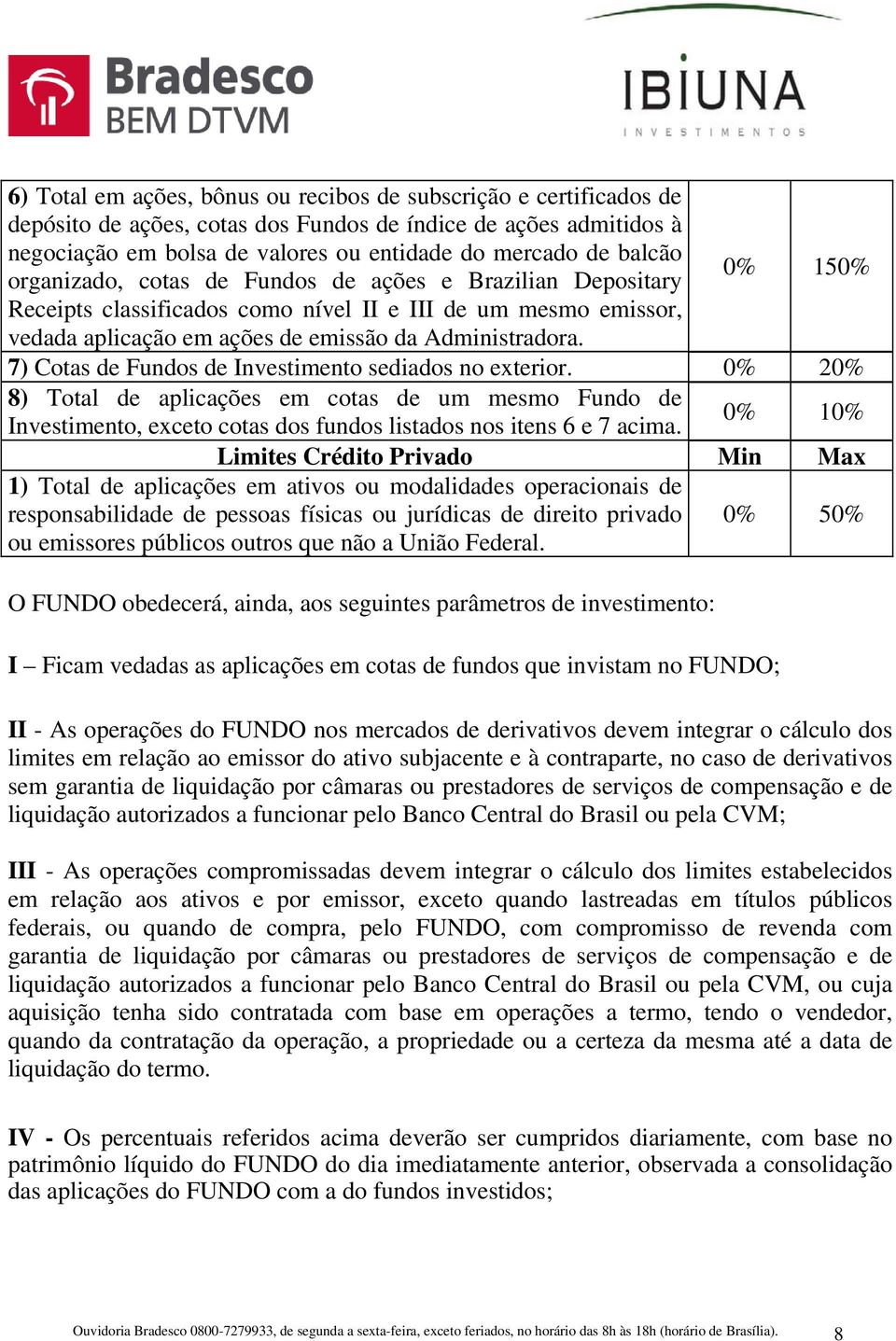 7) Cotas de Fundos de Investimento sediados no exterior. 0% 20% 8) Total de aplicações em cotas de um mesmo Fundo de Investimento, exceto cotas dos fundos listados nos itens 6 e 7 acima.