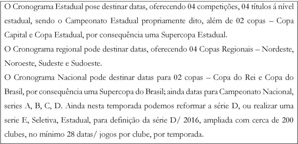 O Cronograma Nacional pode destinar datas para 02 copas Copa do Rei e Copa do Brasil, por consequência uma Supercopa do Brasil; ainda datas para Campeonato Nacional, series A, B, C, D.
