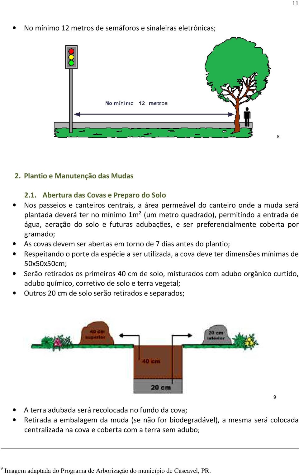 covas devem ser abertas em torno de 7 dias antes do plantio; Respeitando o porte da espécie a ser utilizada, a cova deve ter dimensões mínimas de 50x50x50cm; Serão retirados os primeiros 40 cm de