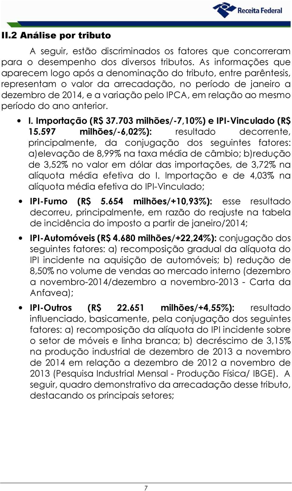 mesmo período do ano anterior. I. Importação (R$ 37.703 milhões/-7,10%) e IPI-Vinculado (R$ 15.