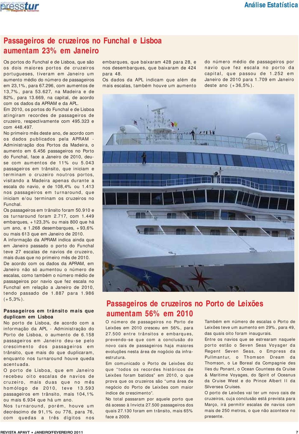 Em 2010, os portos do Funchal e de Lisboa atingiram recordes de passageiros de cruzeiro, respectivamente com 495.323 e com 448.497.
