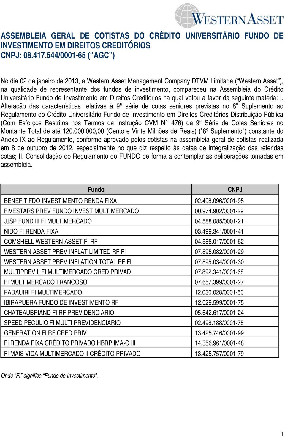 Assembleia do Crédito Universitário de Investimento em Direitos Creditórios na qual votou a favor da seguinte matéria: I.