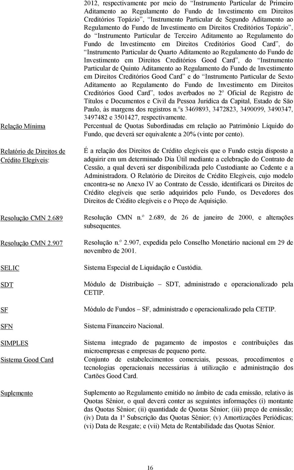 Creditórios Topázio, Instrumento Particular de Segundo Aditamento ao Regulamento do Fundo de Investimento em Direitos Creditórios Topázio, do Instrumento Particular de Terceiro Aditamento ao