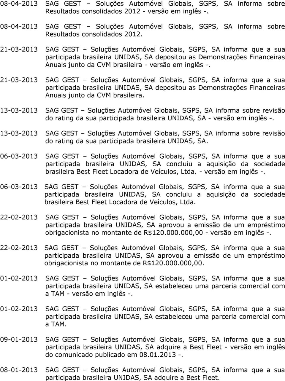 21-03-2013 SAG GEST Soluções Automóvel Globais, SGPS, SA informa que a sua participada brasileira UNIDAS, SA depositou as Demonstrações Financeiras Anuais junto da CVM brasileira - versão em inglês -.