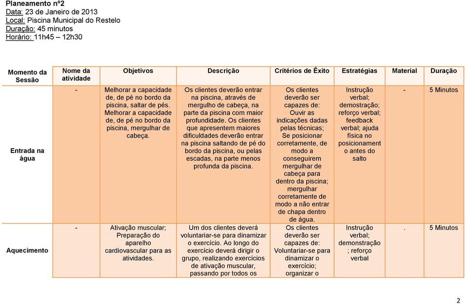 Melhorar a capacidade de, de pé no bordo da piscina, mergulhar de cabeça. - Ativação muscular; Preparação do aparelho cardiovascular para as atividades.