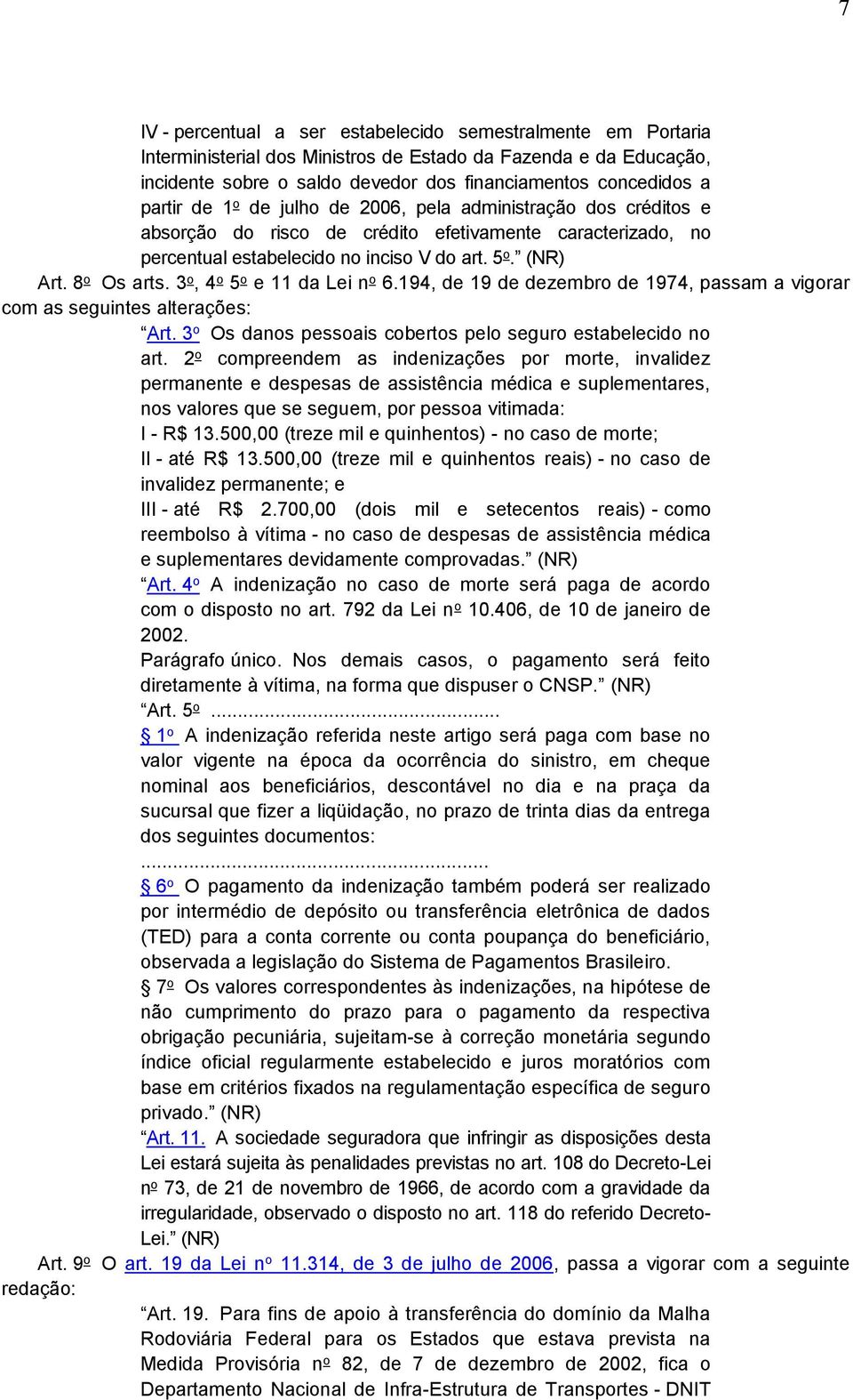 3 o, 4 o 5 o e 11 da Lei n o 6.194, de 19 de dezembro de 1974, passam a vigorar com as seguintes alterações: Art. 3 o Os danos pessoais cobertos pelo seguro estabelecido no art.