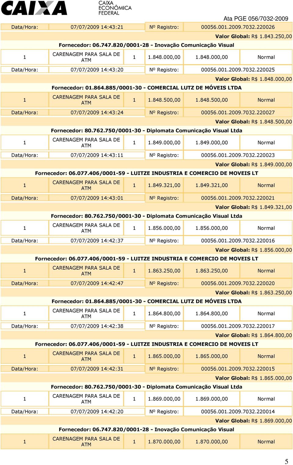 00.2009.7032.220027 Fornecedor: 80.762.750/000-30 - Diplomata Comunicação Visual Ltda Valor Global: R$.848.500,00.849.000,00.849.000,00 Normal Data/Hora: 07/07/2009 4:43: Nº Registro: 00056.00.2009.7032.220023 Valor Global: R$.