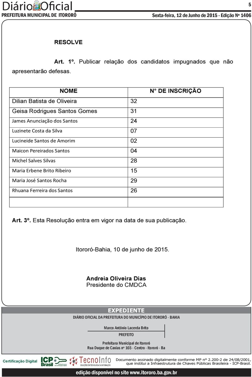 Michel Salves Silvas 28 Maria Erbene Brito Ribeiro 15 Maria José Santos Rocha 29 Rhuana Ferreira dos Santos 26 N DE INSCRIÇÃO Art. 3º.