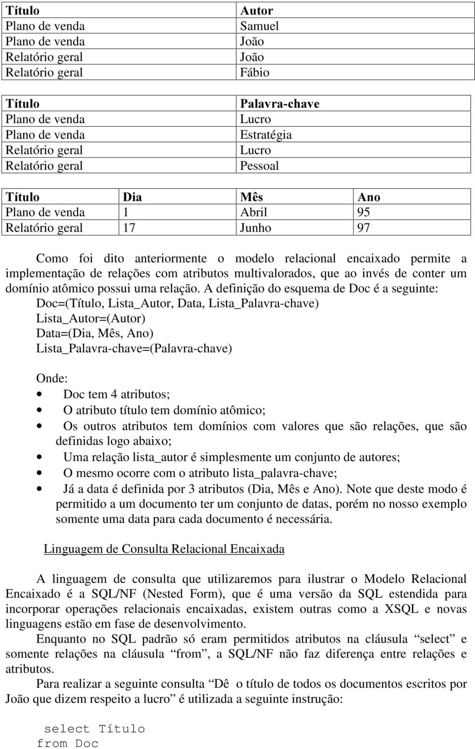 multivalorados, que ao invés de conter um domínio atômico possui uma relação.