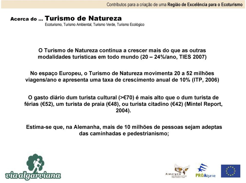 Natureza continua a crescer mais do que as outras modalidades turísticas em todo mundo (20 24%/ano, TIES 2007) No espaço Europeu, o Turismo de Natureza movimenta 20 a 52