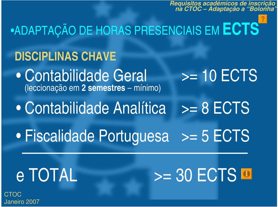 semestres mínimo) >= 10 ECTS Contabilidade Analítica