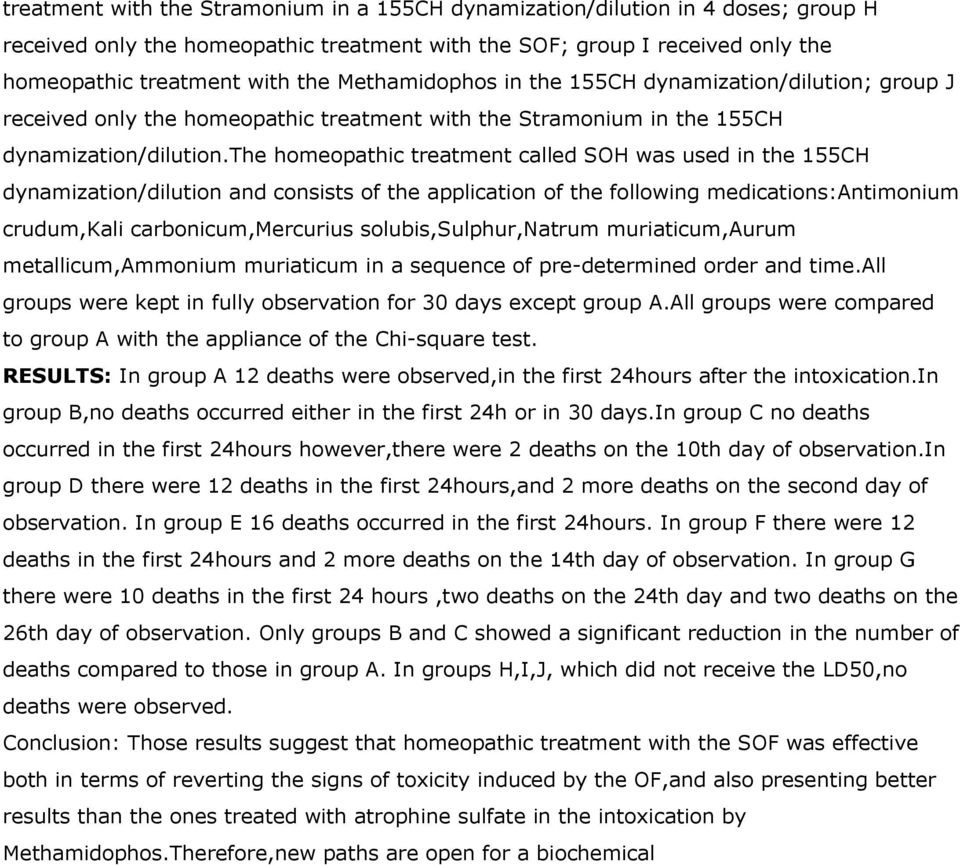 the homeopathic treatment called SOH was used in the 155CH dynamization/dilution and consists of the application of the following medications:antimonium crudum,kali carbonicum,mercurius