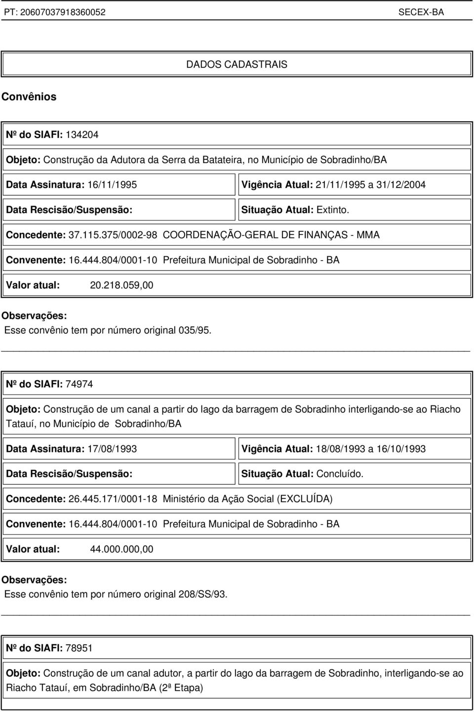 804/0001-10 Prefeitura Municipal de Sobradinho - BA Valor atual: 20.218.059,00 Esse convênio tem por número original 035/95.