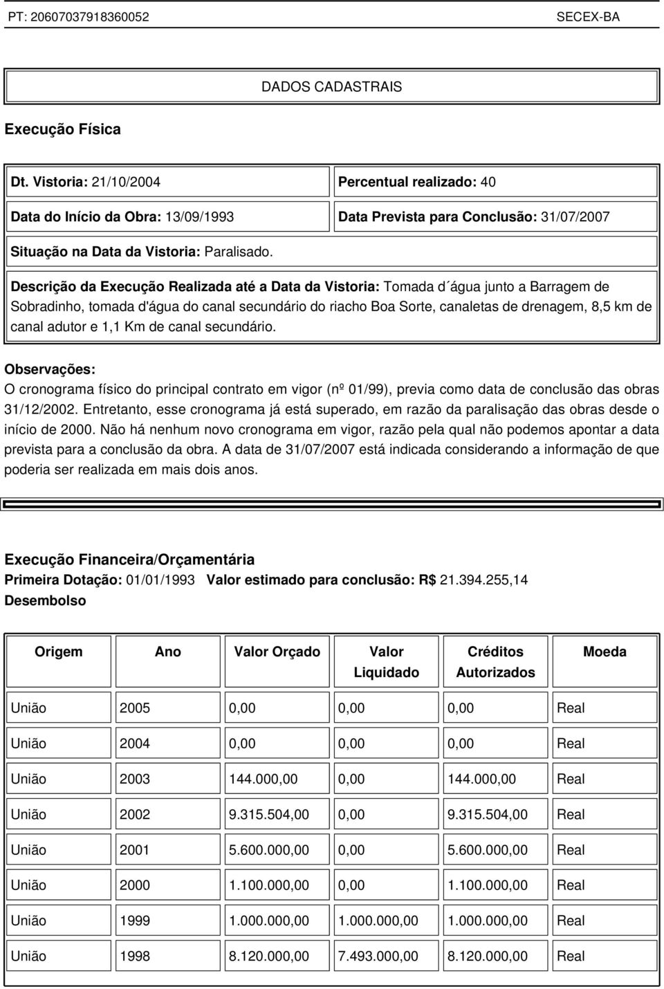 adutor e 1,1 Km de canal secundário. O cronograma físico do principal contrato em vigor (nº 01/99), previa como data de conclusão das obras 31/12/2002.