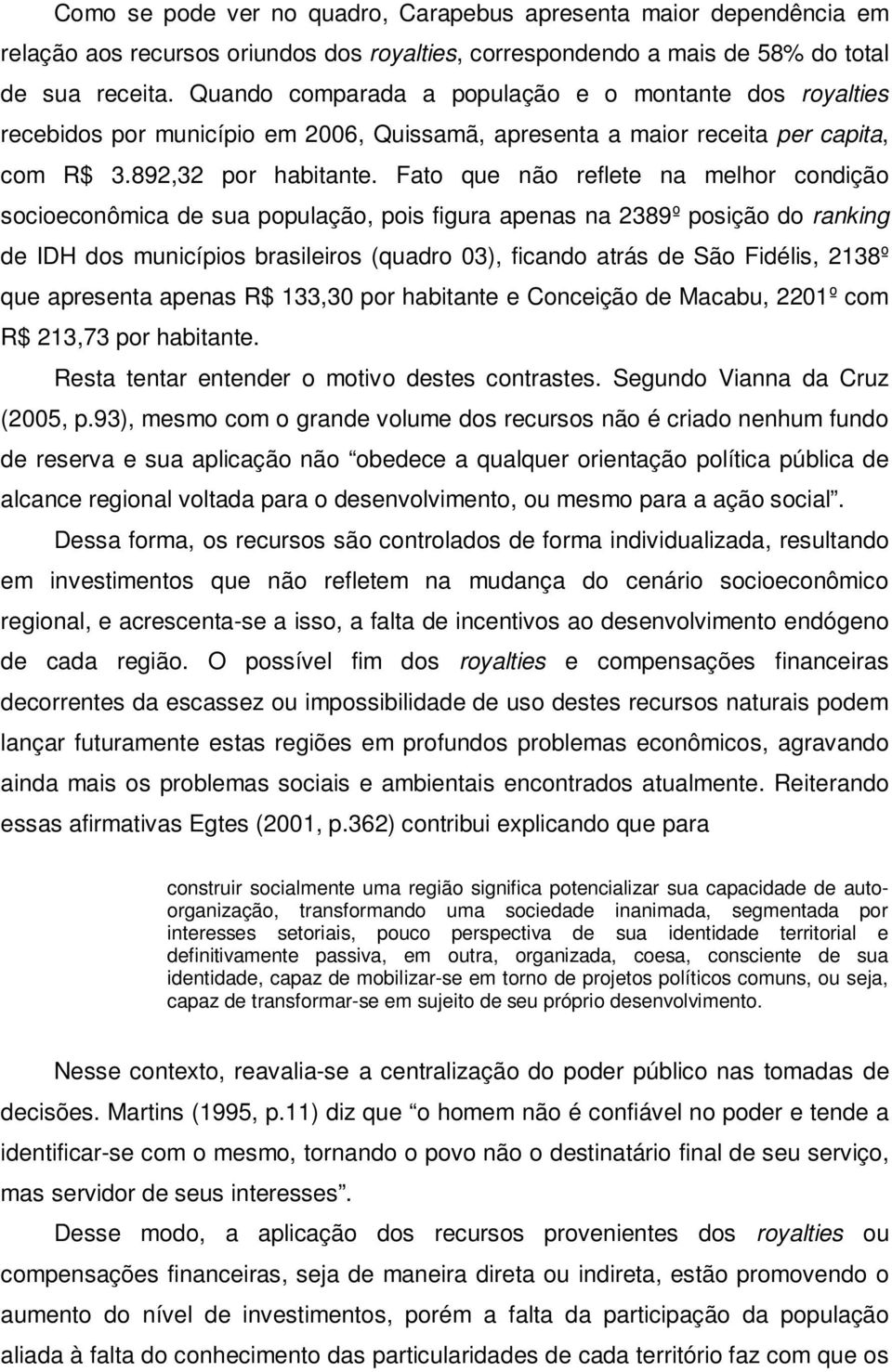 Fato que não reflete na melhor condição socioeconômica de sua população, pois figura apenas na 2389º posição do ranking de IDH dos municípios brasileiros (quadro 03), ficando atrás de São Fidélis,