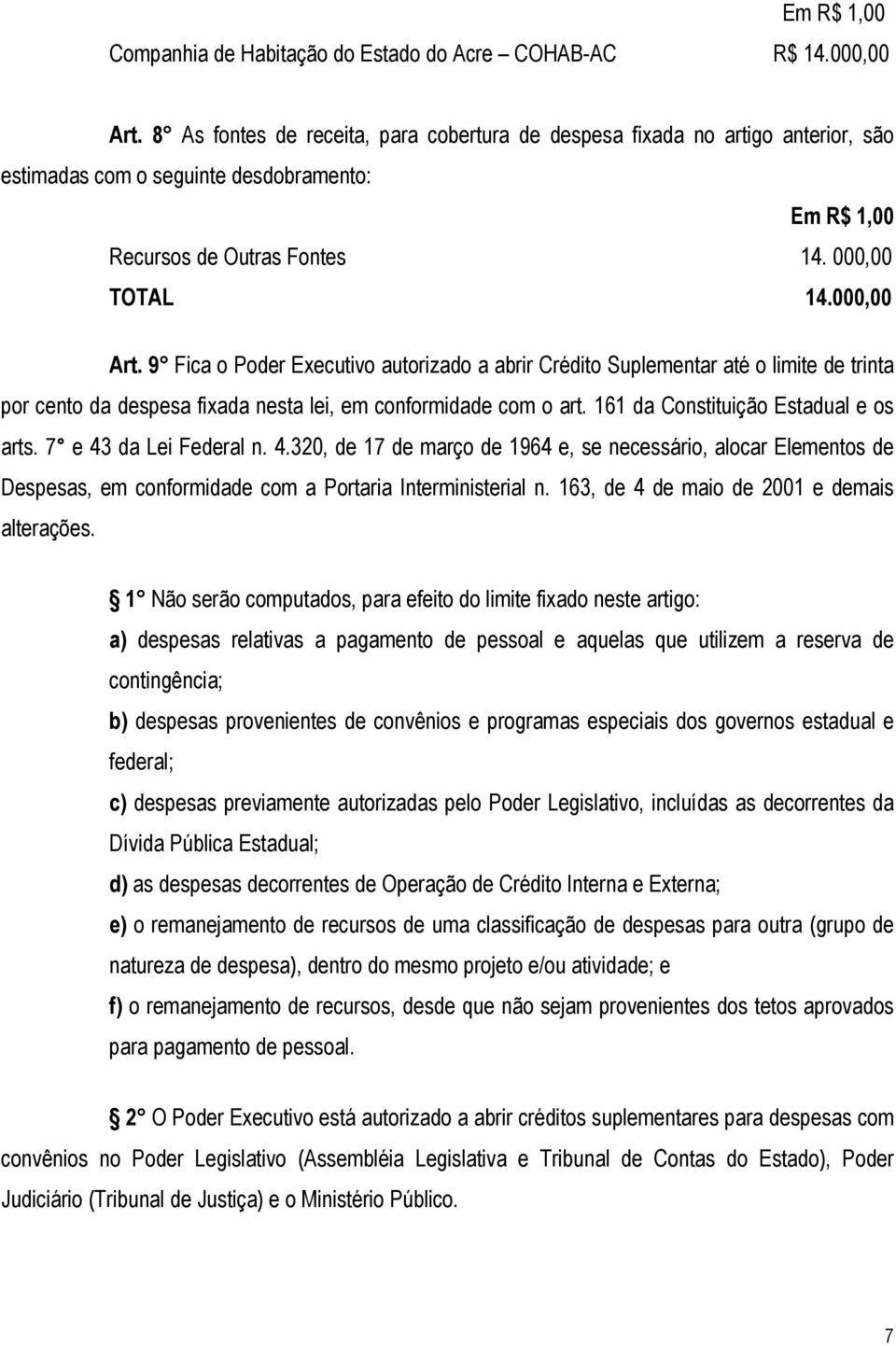 9 Fica o Poder Executivo autorizado a abrir Crédito Suplementar até o limite de trinta por cento da despesa fixada nesta lei, em conformidade com o art. 161 da Constituição Estadual e os arts.