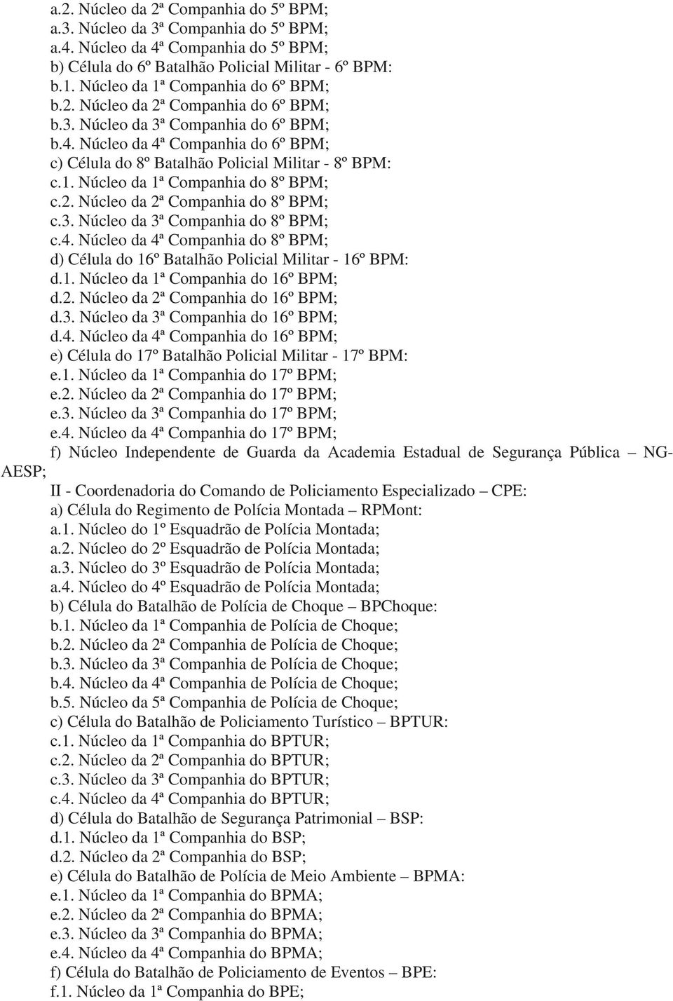 Núcleo da 4ª Companhia do 6º BPM; c) Célula do 8º Batalhão Policial Militar - 8º BPM: c.1. Núcleo da 1ª Companhia do 8º BPM; c.2. Núcleo da 2ª Companhia do 8º BPM; c.3.