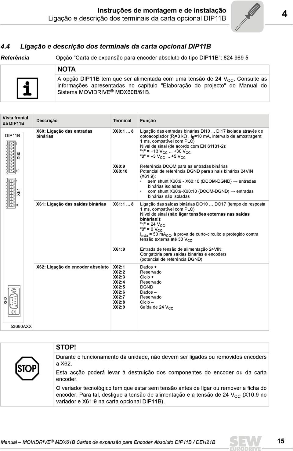 tensão de 24 V CC. Consulte as informações apresentadas no capítulo "Elaboração do projecto" do Manual do Sistema MOVIDRIVE MDX60B/61B.