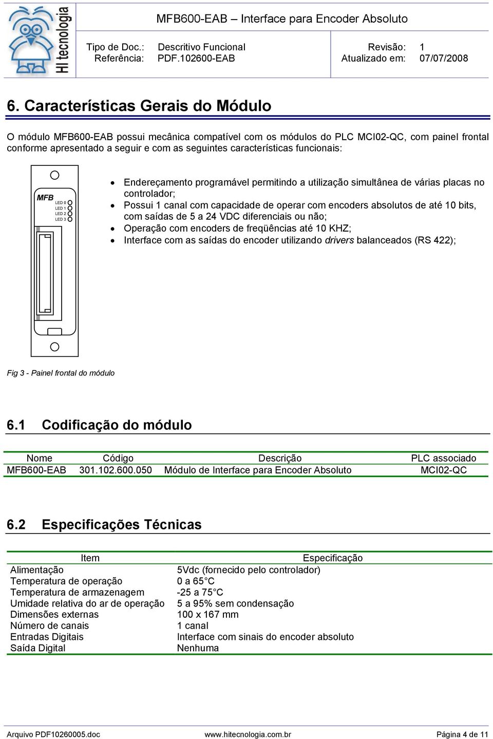 até 10 bits, com saídas de 5 a 24 VDC diferenciais ou não; Operação com encoders de freqüências até 10 KHZ; Interface com as saídas do encoder utilizando drivers balanceados (RS 422); Fig 3 - Painel