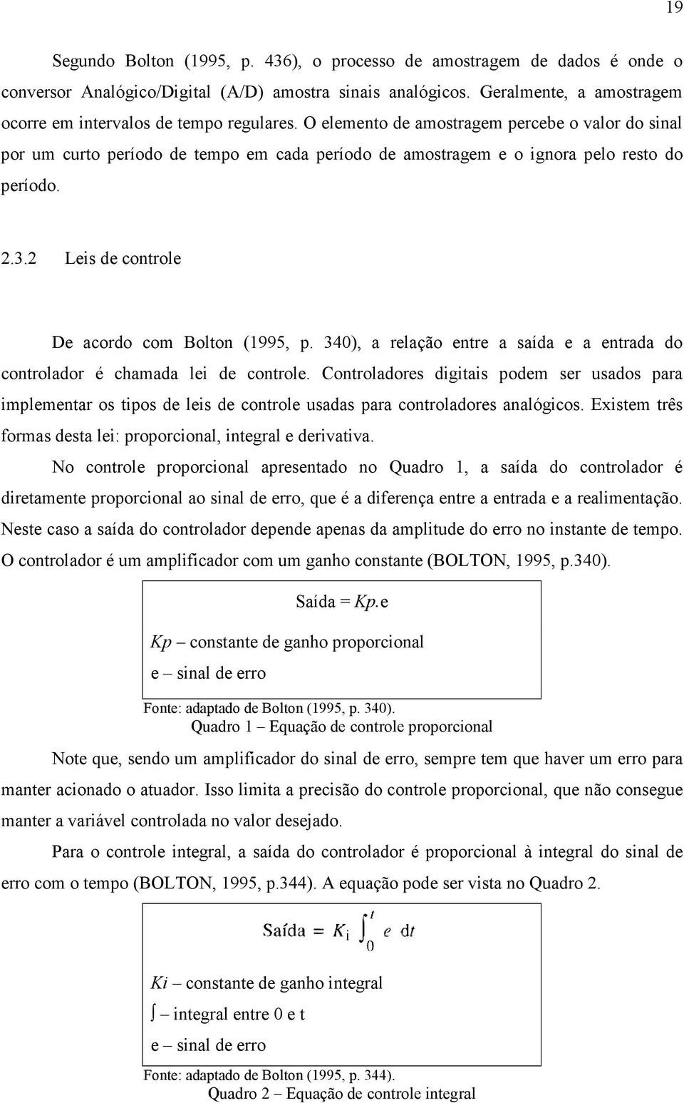 O elemento de amostragem percebe o valor do sinal por um curto período de tempo em cada período de amostragem e o ignora pelo resto do período. 2.3.2 Leis de controle De acordo com Bolton (1995, p.