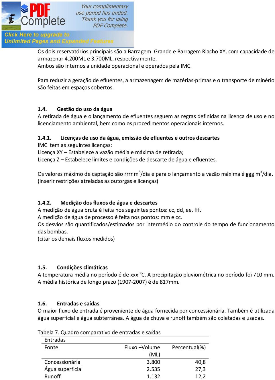 Gestão do uso da água A retirada de água e o lançamento de efluentes seguem as regras definidas na licença de uso e no licenciamento ambiental, bem como os procedimentos operacionais internos. 1.