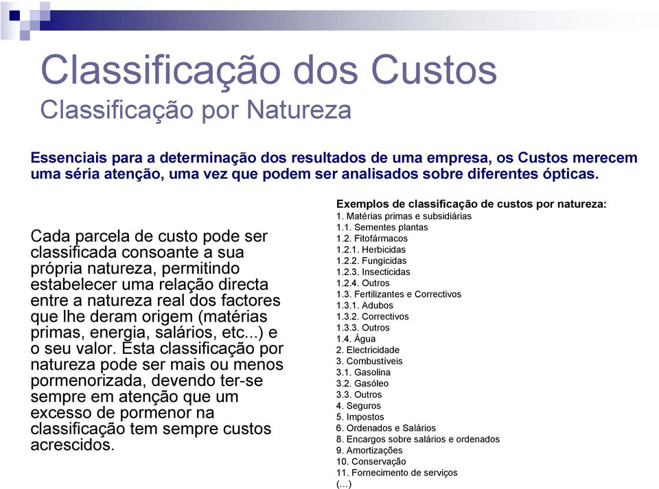 Cada parcela de custo pode ser classificada consoante a sua própria natureza, permitindo estabelecer uma relação directa entre a natureza real dos factores que lhe deram origem (matérias primas,