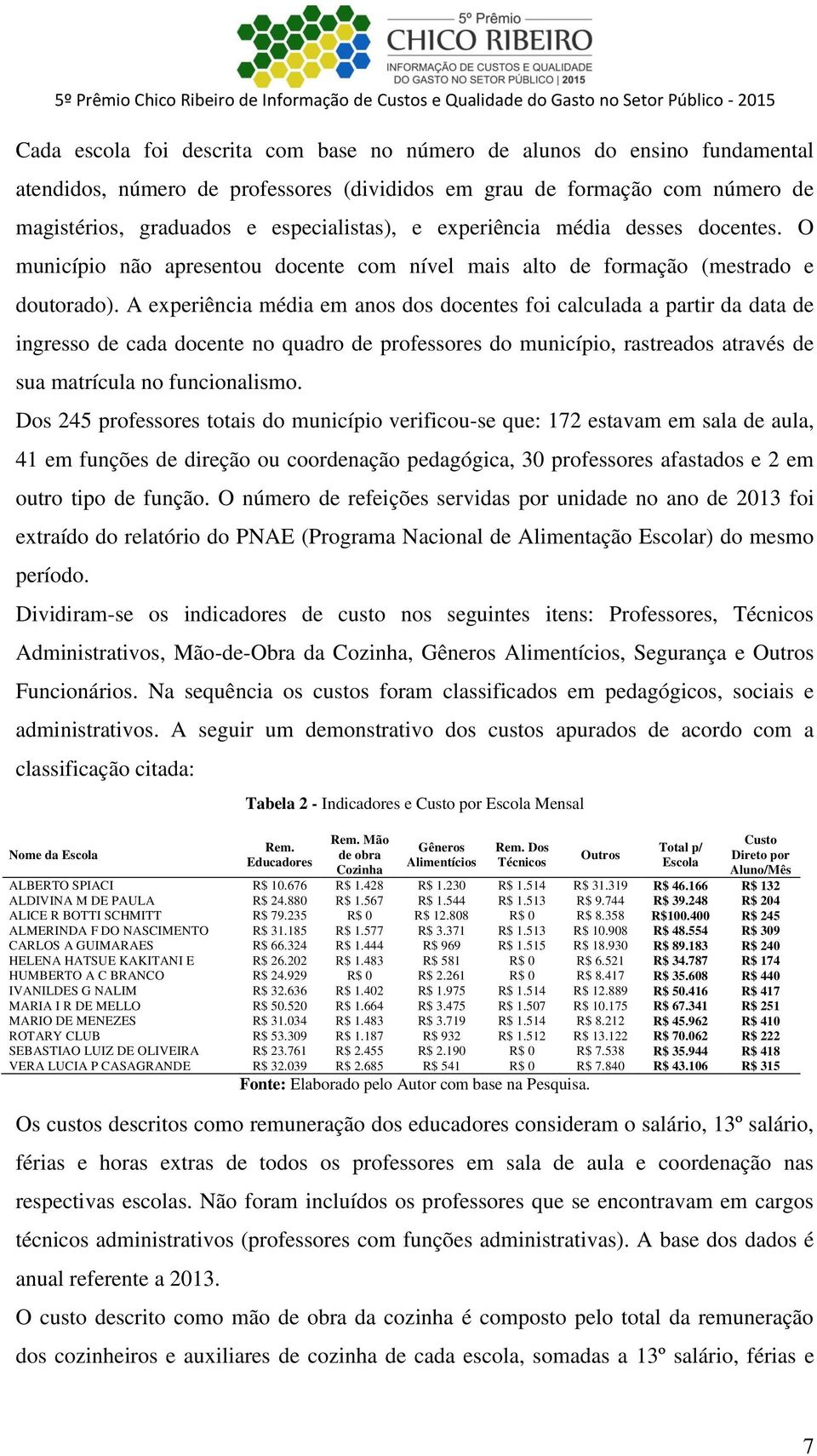 A experiência média em anos dos docentes foi calculada a partir da data de ingresso de cada docente no quadro de professores do município, rastreados através de sua matrícula no funcionalismo.