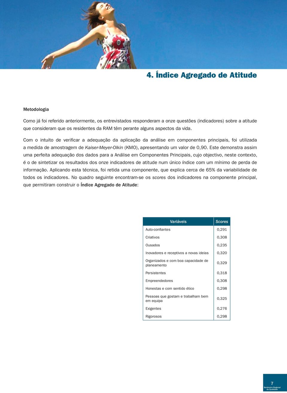 Com o intuito de verificar a adequação da aplicação da análise em componentes principais, foi utilizada a medida de amostragem de Kaiser-Meyer-Olkin (KMO), apresentando um valor de 0,90.